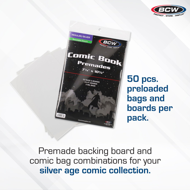 Premium Silver Age Comic Premade Resealable Bags with Backer Boards | 7 ?" x 10 ½" | Pre-Loaded & Archival Comic Sleeves and Boards | Crystal Clear S