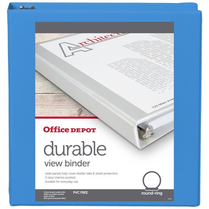 Office Depot® 3-Ring Durable View Binder, 1-1/2" Round Rings, 49% Recycled, Sky Blue