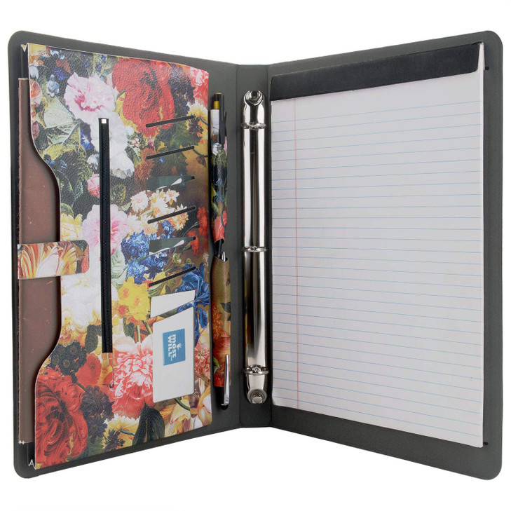 XIAOZHI 3-Ring Binder Portfolio Case, Floral Painting PU Leather Binder Padfolio, Business Planner Organizer with Notepad Holder, Red, 9.5x9.5x12.8 i