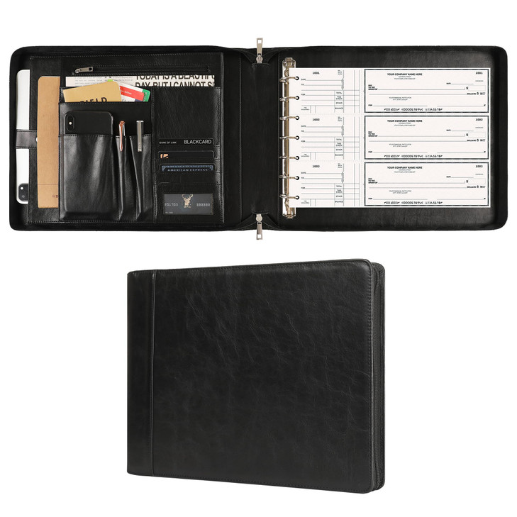 7 Ring Check Binder - Genuine Leather Business Checkbook Binder & Portfolio for 9 x 13 inch Sheets, Personalized Check Book Holder with 600 Checks Ca