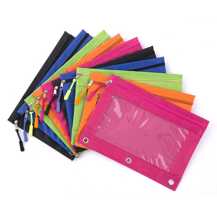 DoDoMagxanadu Binder Pencil Pouches, Pencil Pouch for 3 Ring Binder, Clear Window Zipper Pencil Case Bluk 10 Pack 5 Colors for Office School College