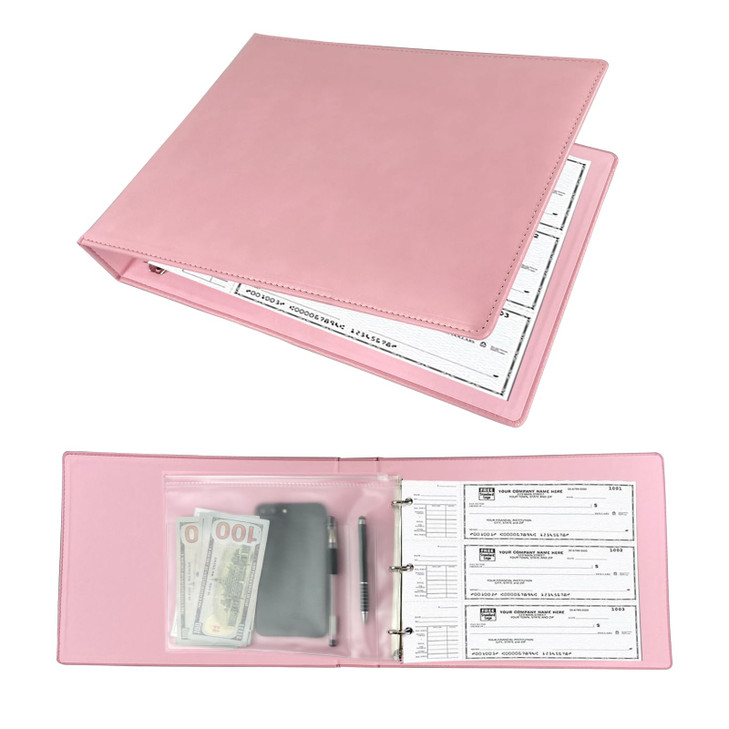 3 Rings Business Check Binder for End-Stub Deskbook Checks with 3 & 9 Holes, Faux Leather (11 1/4" x 9") in Pink