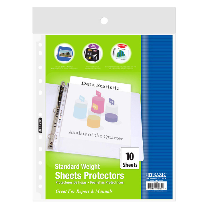 BAZIC Products Sheet Protectors Standard Weight, Fit 8.5x11 Inch Paper, 11 Hole Clear Plastic Sleeves Ring Binder Sheets, Archival Safe (10/Pack), 1-