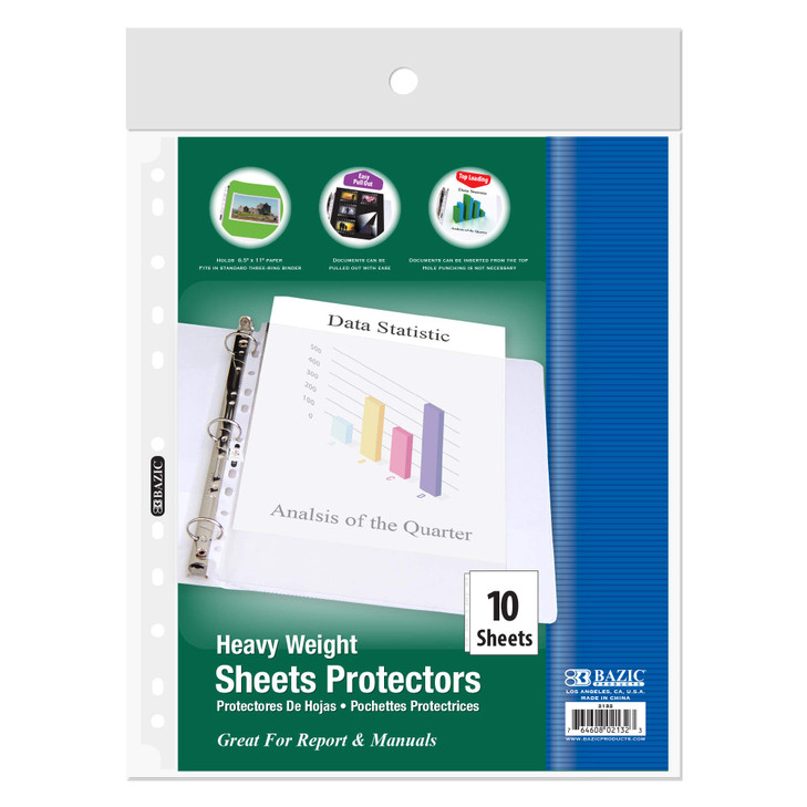 BAZIC Products Sheet Protectors Heavyweight, Fit 8.5x11 Inch Paper, Reinforced11 Hole Clear Plastic Sleeves Ring Binder Sheets, Archival Safe (10/Pac