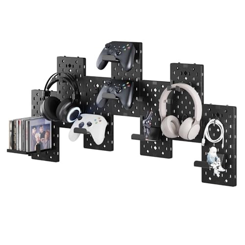 PEGZONE Controller and Headphone Holder Wall Mount, Modular Gaming Pegboard with Accessories, Controller Stand for Xbox PS5 PS4 Switch, Video Game St