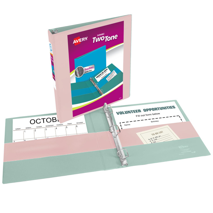 Avery Two-Tone Durable View 3 Ring Binder, 1 Inch Slant Rings, Blush/Sage Binder (17233)