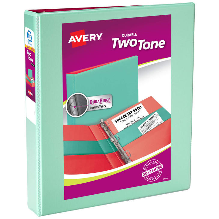 Avery Two-Tone Durable View 3 Ring Binder, 1.5 Inch Slant Rings, Mint/Coral Binder (17289)