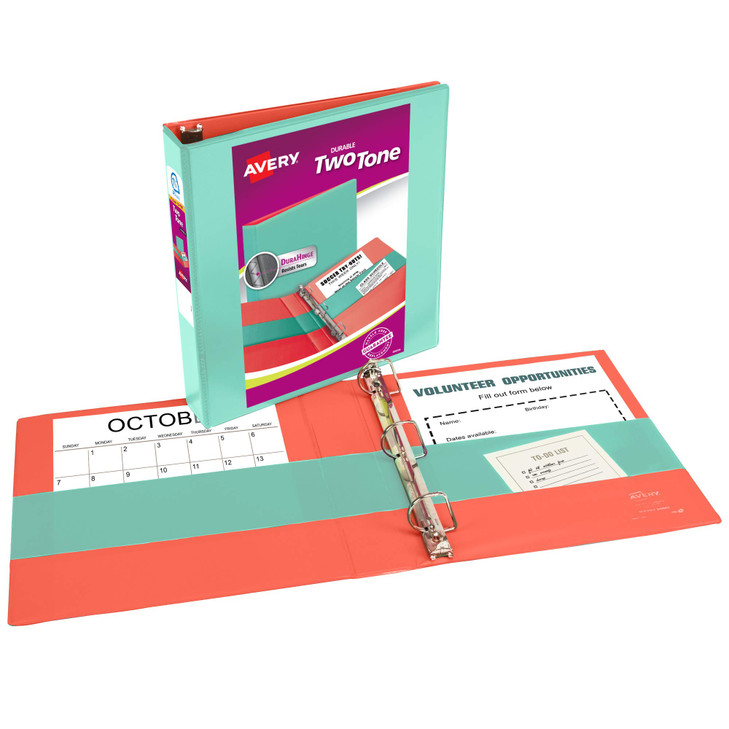 Avery Two-Tone Durable View 3 Ring Binder, 1.5 Inch Slant Rings, Mint/Coral Binder (17289)