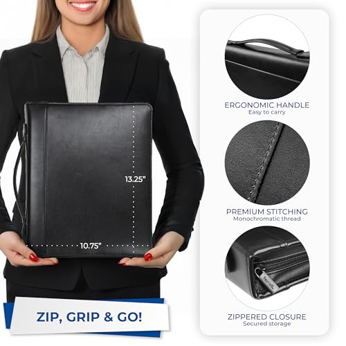 Samsill 15540 Regal Leather Padfolio Zipper 1 inch Ring Binder, Carry Handle, Interior 10.1 Inch Tablet Sleeve, Letter Size Writing Pad, Black