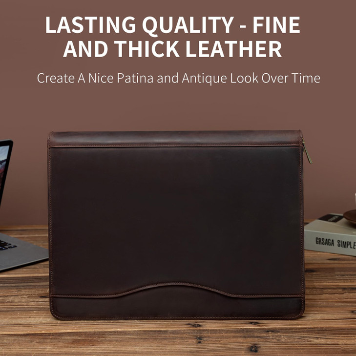 YIWEN Handmade Leather 3 Ring Binder Portfolio with Front Pocket, Zippered Padfolio for 8.5 x 11 Notepad and 13" Tablet, Professional Business Trave