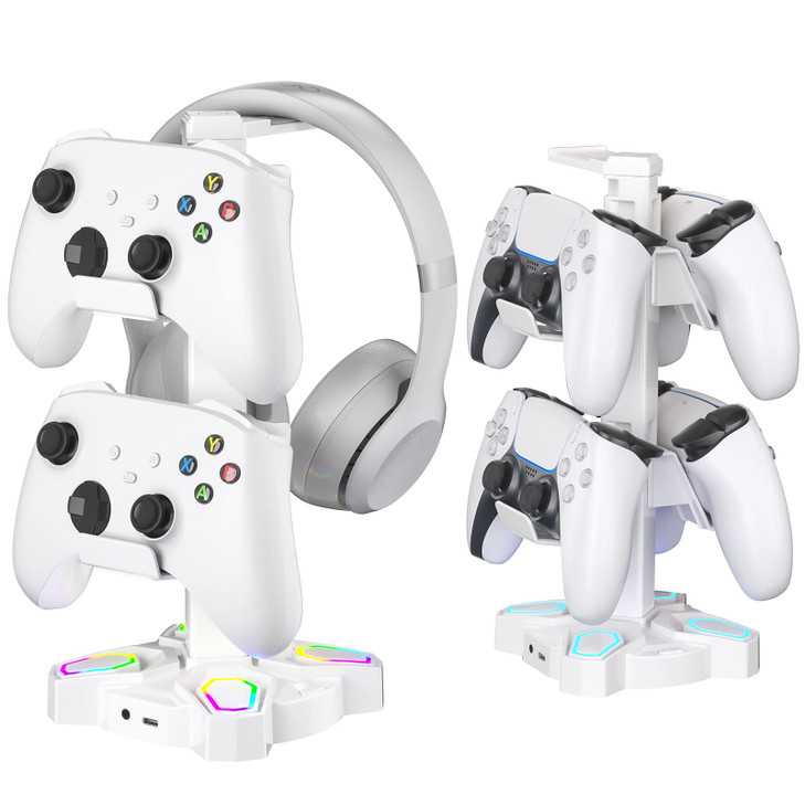 KDD Gaming Headphones Stand, Rotatable Headset Stand with Light Modes - Controller Holder with 2 USB Charging Ports and 3.5mm - Earphone Hanger Acces
