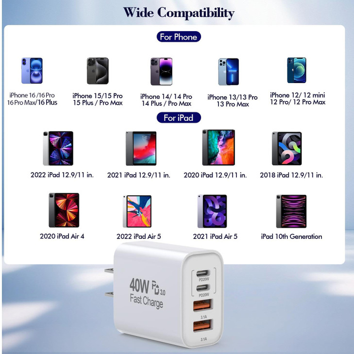 40W iPhone 17 16e 15 Charger Block Fast Charging,2Pack USB C Wall Charger,4-Port Fast USB Wall Adapter PD + QC Multiport Block Cube for iPhone 17 Air