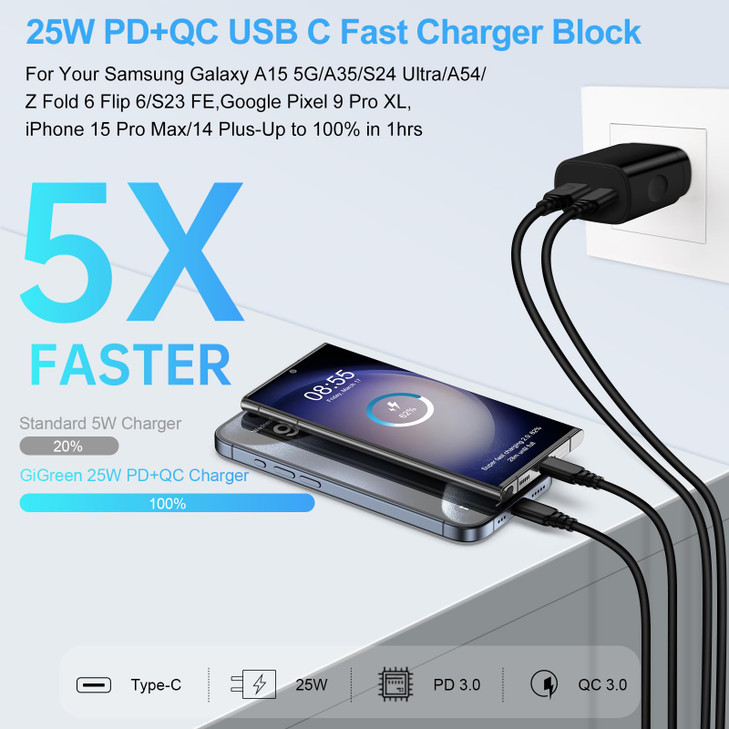 for Samsung 25W Charger Super Fast Charging Block USB C Wall Charger Android Phone Cord 6FT for Samsung Galaxy A17 A16 5G A36 A15 A35 S25 Ultra S24FE