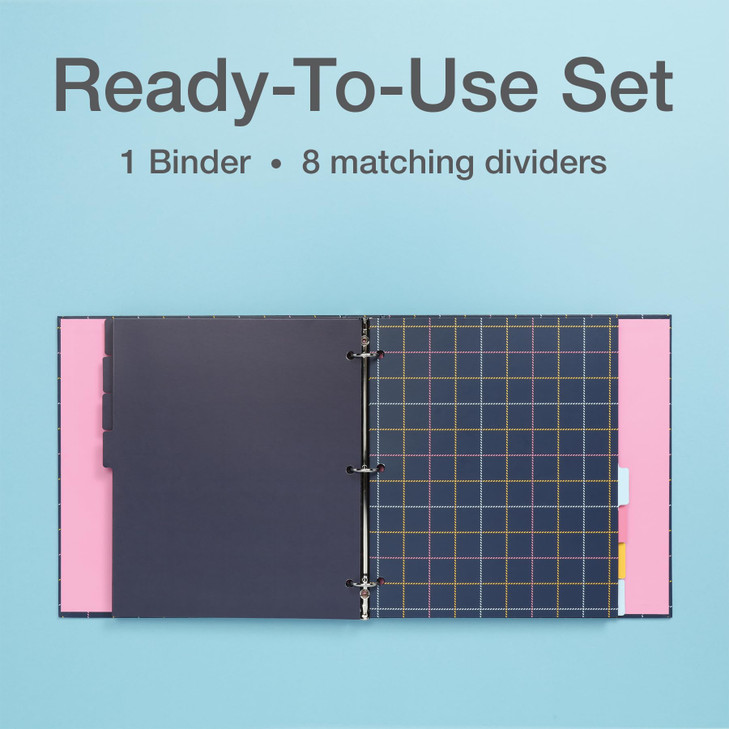 Oxford 3 Ring Binder Set, Durable School or Office Binder with Plaid Print and 8 Matching Tab Dividers, 1 inch Round Rings for Letter Size Paper