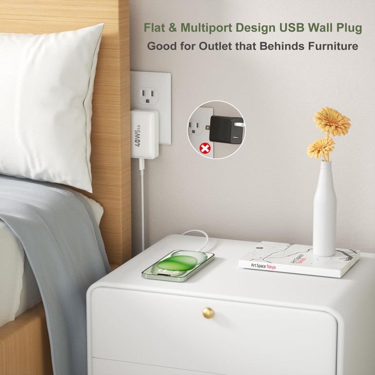Flat USB C Wall Charger, OKRAY 40W 4-Port Fast Charging Block PD3.0&QC3.0 Foldable Multiport Slim Type C Travel Power Adapter & 4FT USB-C Cable for i
