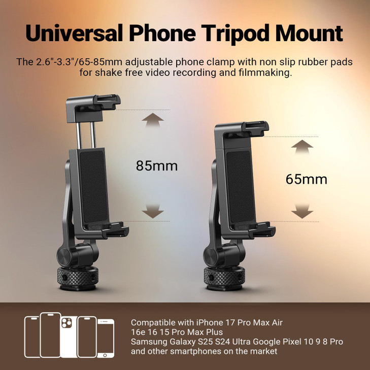 NEEWER Metal Phone Tripod Mount with Cold Shoes, 1/4" Thread, 180° Tilt, 360° Rotation, Adjustable Phone Clamp Holder Compatible with iPhone 17 Pro M
