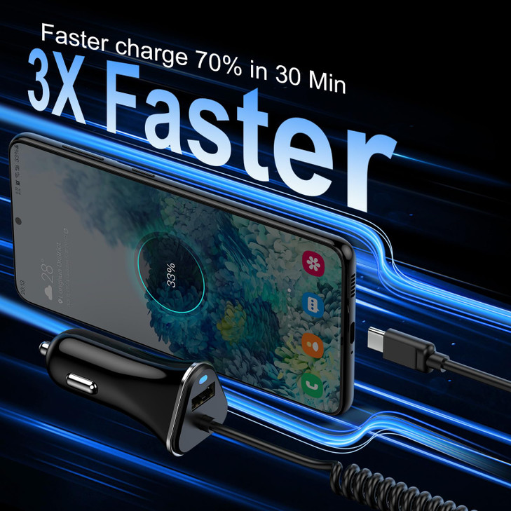 USB C Fast Samsung Car Charger with 3ft Type C Coiled Cable for Samsung Galaxy A17 A56 A36 A16 S25 A55 A15 A35 A54 S24 FE S23 Ultra, 3.4A Android Car