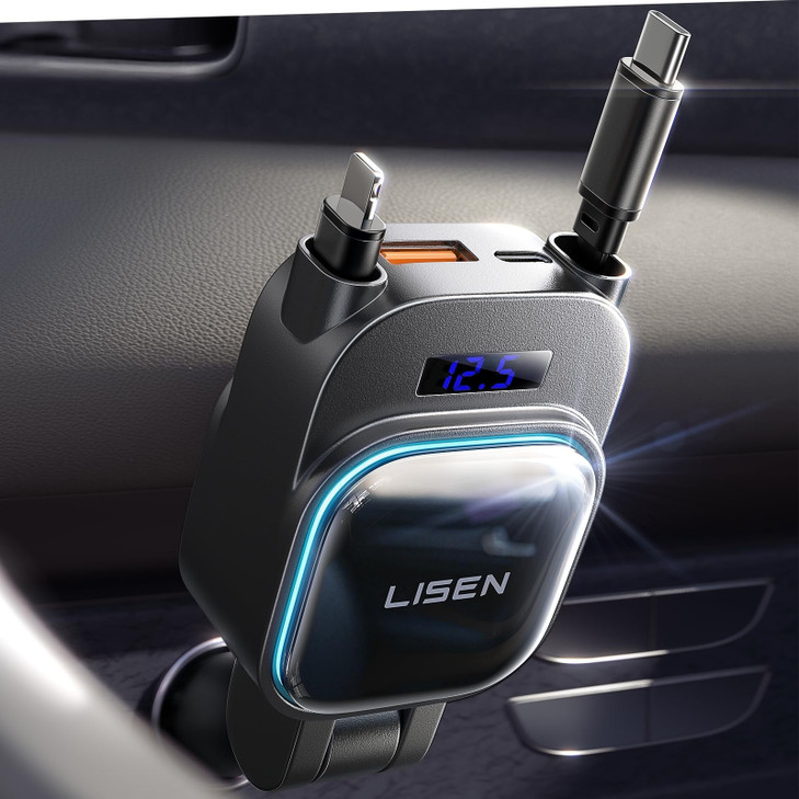 LISEN for iPhone 17 Pro Max Retractable Car Charger[USB C Cable & L Cable], 96W 4 in 1 Fast Charging Retractable Car Charger Cigarette Adapter for iP