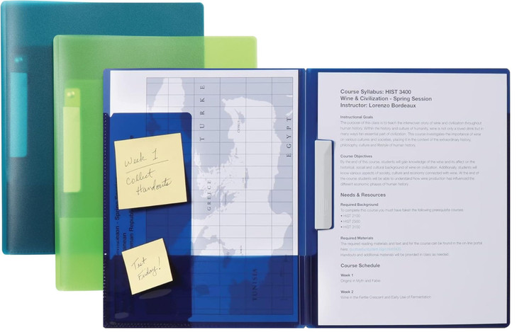 Oxford Report Cover 3 Pack, Swing Clip, 2 Pockets, Panel for Sticky Note Reminders, Assorted Colors: Green, Teal, Blue (86366)