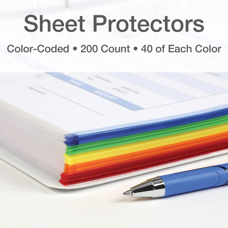 Oxford Sheet Protectors, Color Coded, Top Loading Sleeves, Page Protectors, 200/BX, Letter Size, Fits 3 Ring Binder, 5 Color Coded Edges, Clear Finis