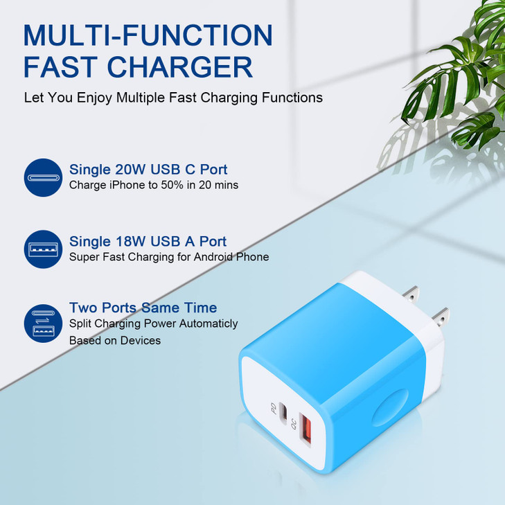 USB C Wall Charger, 2-Ports 20W USB A and USB C Charger Block [PD/QC 3.0], 3Pack USB-C Power Wall Plug Adapter Brick for iPhone 17/16/15/14/13/12/Pro