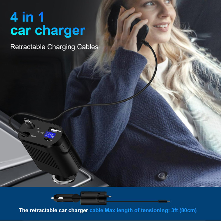 Retractable Samsung Car Charger Fast Charging for Galaxy S25 Edge S24 S23 S22 S21 S20 Ultra FE Z Flip Fold 7 6 5,Google Pixel 9 8 7 6 Pro,45W 4 in 1