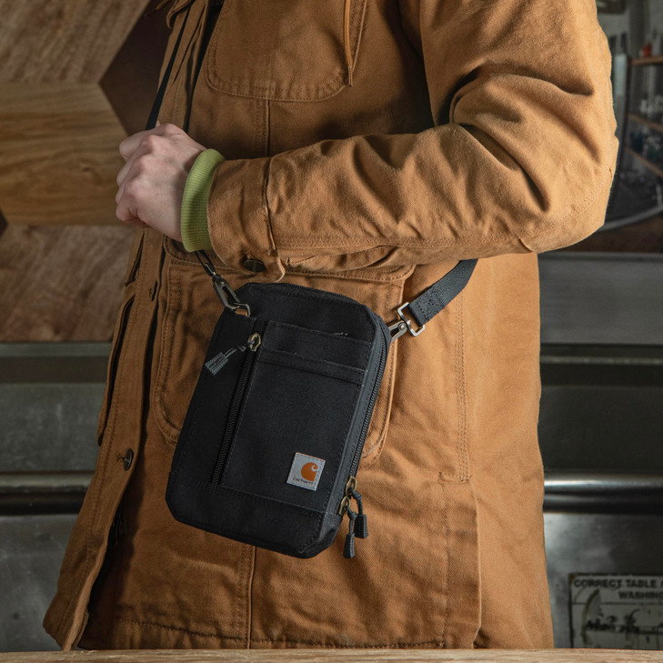 Carhartt Water Resistant Nylon Duck Crossbody Wallet W/Adjustable Strap and Zipper Closure, Black