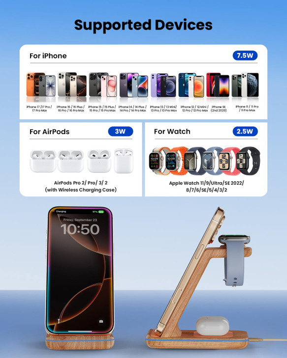 3 in 1 Wireless Charging, Wireless Charger Stand for Multiple Apple Devices, Wireless Charger for iPhone 17 16 15 14 13 12 11 Pro Max XS XR 8, Apple