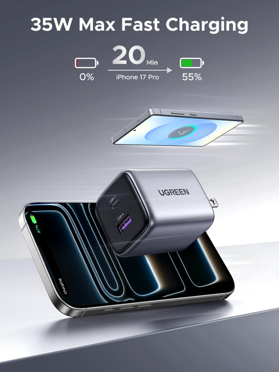 UGREEN 35W USB C Charger for iPhone 17 Fast Charging, Nexode 2-Ports GaN Foldable PPS Compact Fast Wall Charger Block for iPhone 17/16/15, Galaxy S25