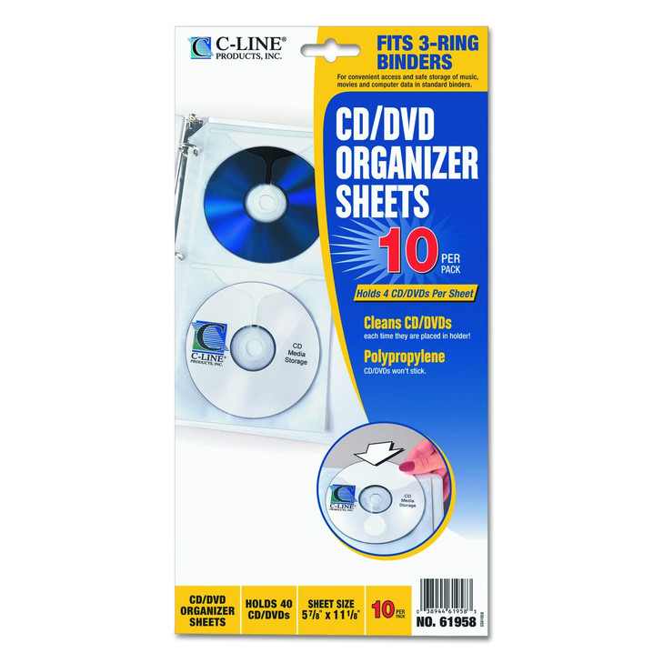 C-Line Deluxe CD Ring Binder Storage Pages for Standard 3-Ring Binders, Stores 4 CDs/Page, 5-13/16 x 11-1/16 Inches, 10 Pages per Pack (61958)