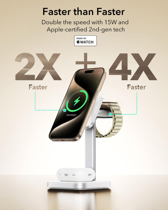 ESR for 3 in 1 Wireless Charging Station, Certified Apple Watch Charger, 15W MagSafe Charger Stand for iPhone, Wireless Charger for Multiple Devices
