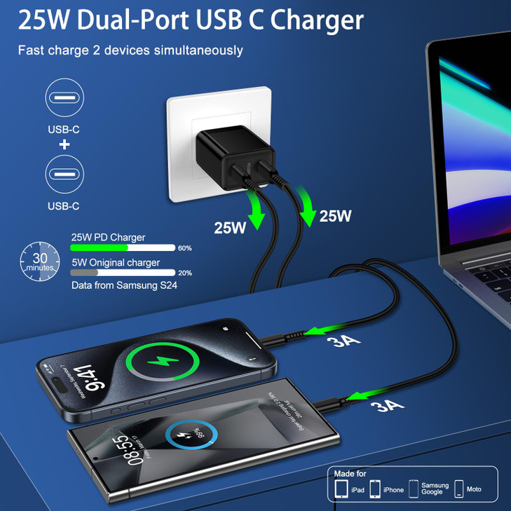25W Super Fast Charger Block USB C for Google Pixel 10 Pro XL 9a 9,9 Pro,9,9 Pro Fold,8a 8 Pro 8, iPhone 16 15 Pro Max/15 Plus, 6FT Type C to C Charg