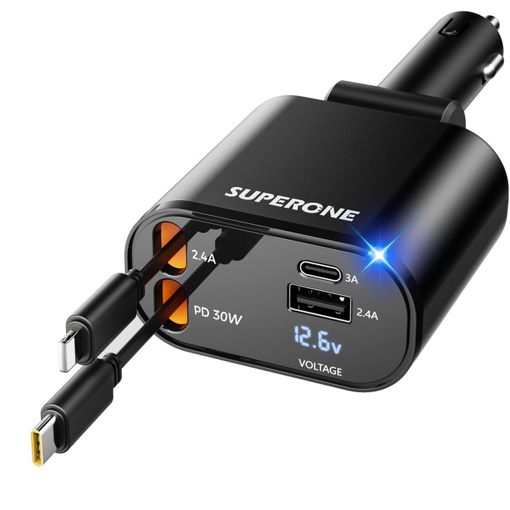 ?Upgraded? SUPERONE Retractable Car Charger 4 in 1, Fast Car Phone Charger with Cord 2.6ft, USB C and Apple Car Adapter, Compatible with iPhone 17 16