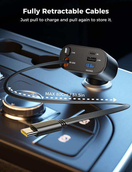 ?Upgraded? SUPERONE Retractable Car Charger 4 in 1, Fast Car Phone Charger with Cord 2.6ft, USB C and Apple Car Adapter, Compatible with iPhone 17 16