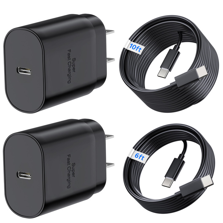 TT&C 4-Piece Whole Home Super Fast Charger Set for iPhone 17/16/15 Pro Max & Samsung S25-2X 30W Mini GaN Plugs with 10ft & 6.6ft USB-C Cables - Compa