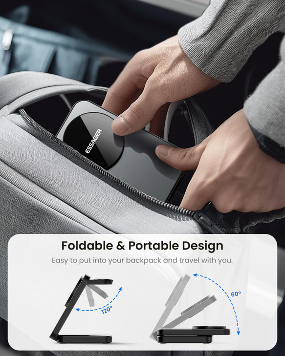 ESSAGER 3 in 1 Foldable Travel Wireless Charger Compatible with iPhone 16/15/14/13/12 Series, 15W Magnetic Wireless Charging Station for Desk for Air