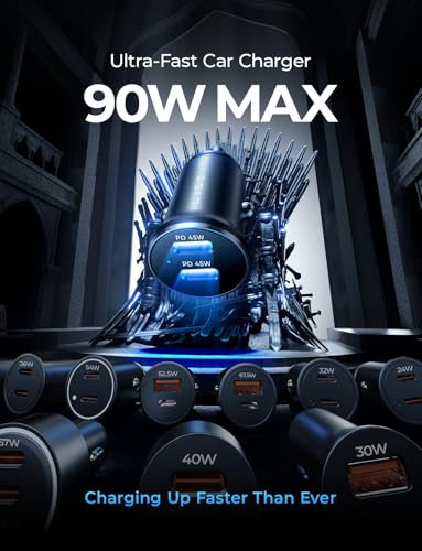 LISEN 90W USB C Car Charger for iPhone 17 Car Charger 45W Fast Charging, 2-Port PD 45W & QC 3.0 Cigarette Lighter USB Charger [All Metal&Mini] for iP