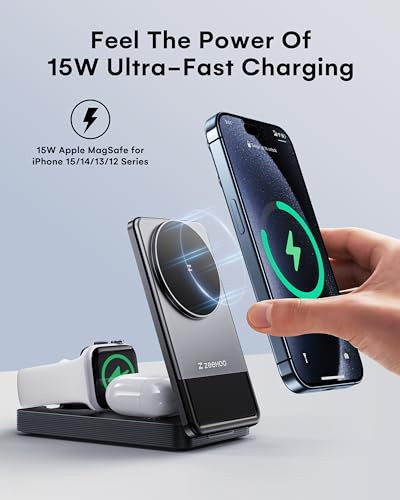 ZEEHOO 3 in 1 Charging Station for Magsafe Charger, Portable Fast Wireless Charger Stand, Foldable Apple Watch Charger for iPhone 16/15/14/13/12, Air