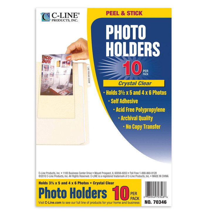 C-Line Peel and Stick Photo Holders, Holds 3.5 x 5 and 4 x 6 Inches Photos, Clear, 10 per Pack (70346)