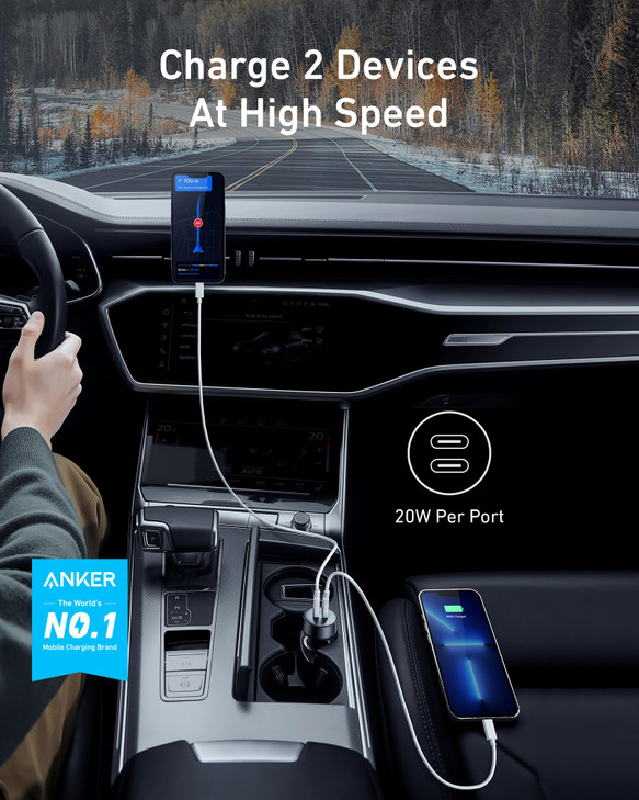Anker USB C Car Charger, 40W 2-Port PowerIQ 3.0 Type C Adapter, iPhone 17 Car Charger, PowerDrive III Duo with Power Delivery for iPhone 17/17 Pro Ma