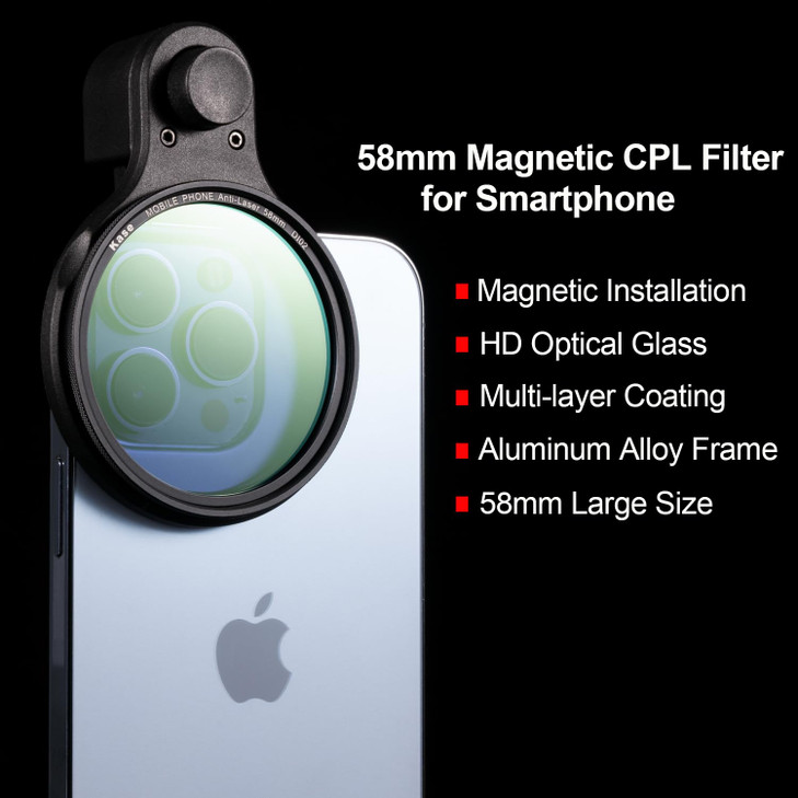 Kase Clip-on CPL Filter for iPhone, 58mm Magnetic Phone Camera Lens Circular Polarizer Filter Compatible with iPhone 16 15 14 Pro Max 13 12 11 Samsun
