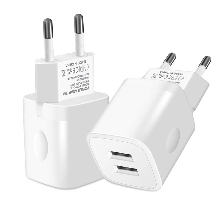 European Travel Plug Block, Wall Charger Power Adapter for Europe Adaptor, 2.1A Dual Port USB Cube Fast Charging Box Base Brick for iPhone 13 Pro Max