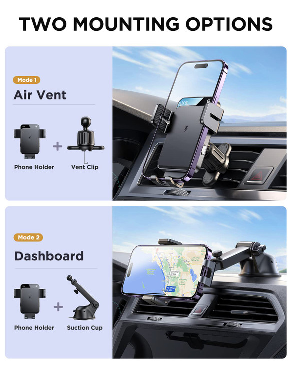 JOYROOM Wireless Car Charger,15W Qi Fast Charging Car Charger Phone Holder Mount, Auto-Clamping Alignment Windshield Dashboard Air Vent Cell Phone Ho