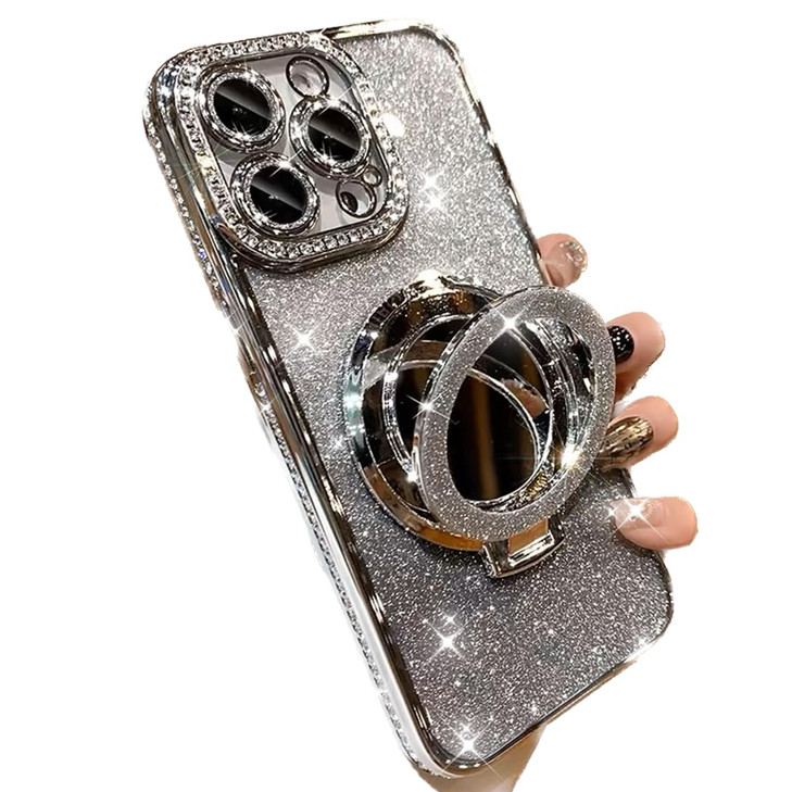 AuroiCCY for iPhone 16 Pro Max Case with Kickstand, [Compatible with Magsafe] Shockproof Glitter Makeup Mirror Ring Holder Camera Protector Bling Gir