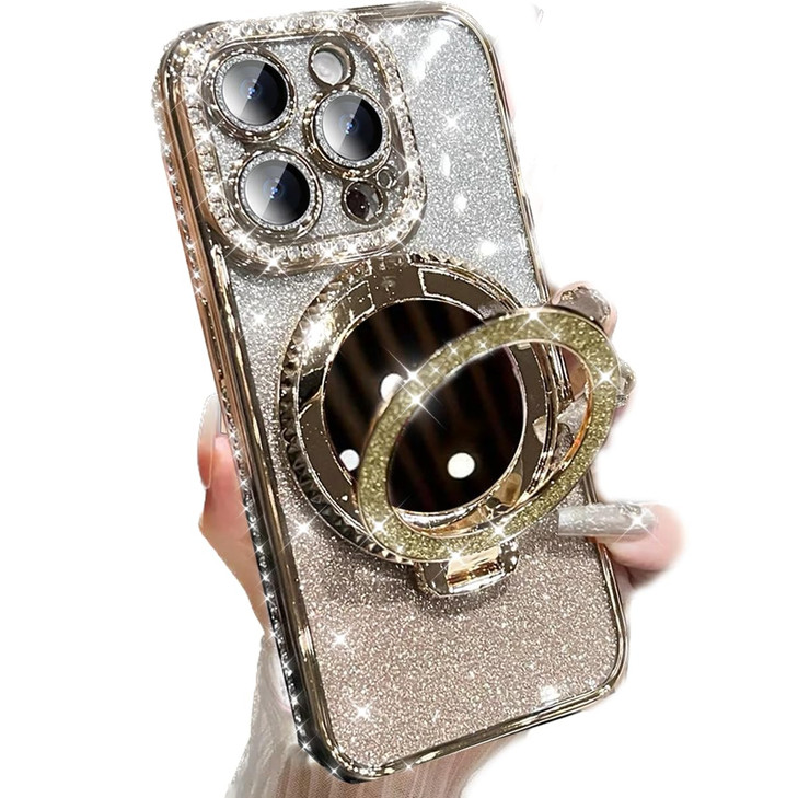 AuroiCCY for iPhone 16 Pro Max Case with Kickstand, [Compatible with Magsafe] Shockproof Glitter Makeup Mirror Ring Holder Camera Protector Bling Gir
