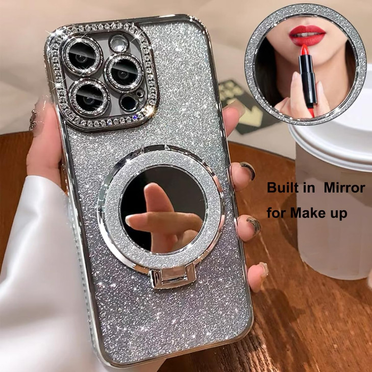 AuroiCCY for iPhone 16 Pro Max Case with Kickstand, [Compatible with Magsafe] Shockproof Glitter Makeup Mirror Ring Holder Camera Protector Bling Gir