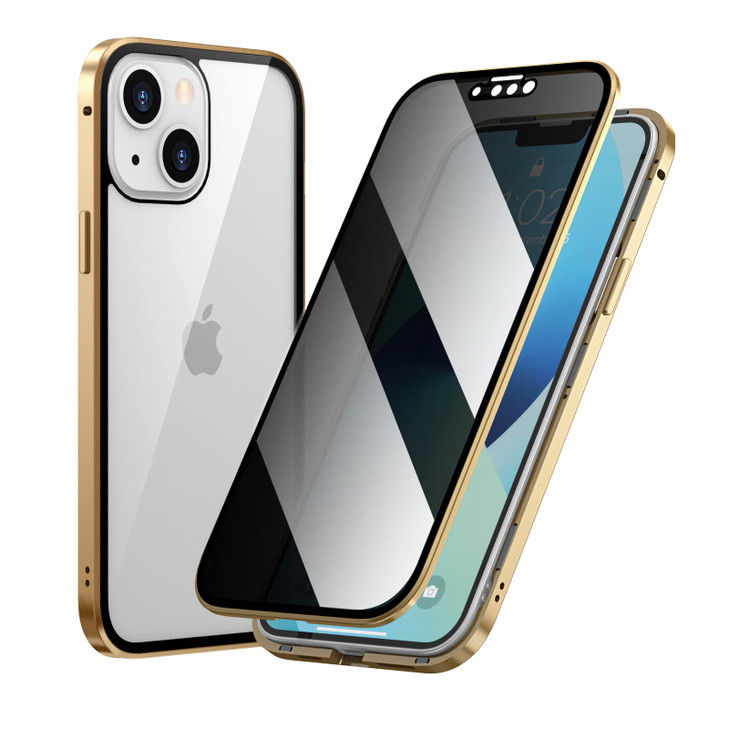 Guppy Anti Peeping Case for iPhone 16 Plus - Magnetic Glass Case with Built-in Camera Lens Protector & Privacy Screen - Gold