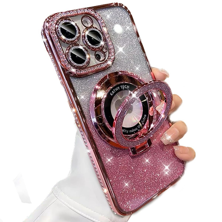 AuroiCCY for iPhone 16 Pro Max Magnetic Kickstand Case, [Compatible with Magsafe] Shockproof Glitter Ring Holder Camera Lens Protector Bling Girly Cu