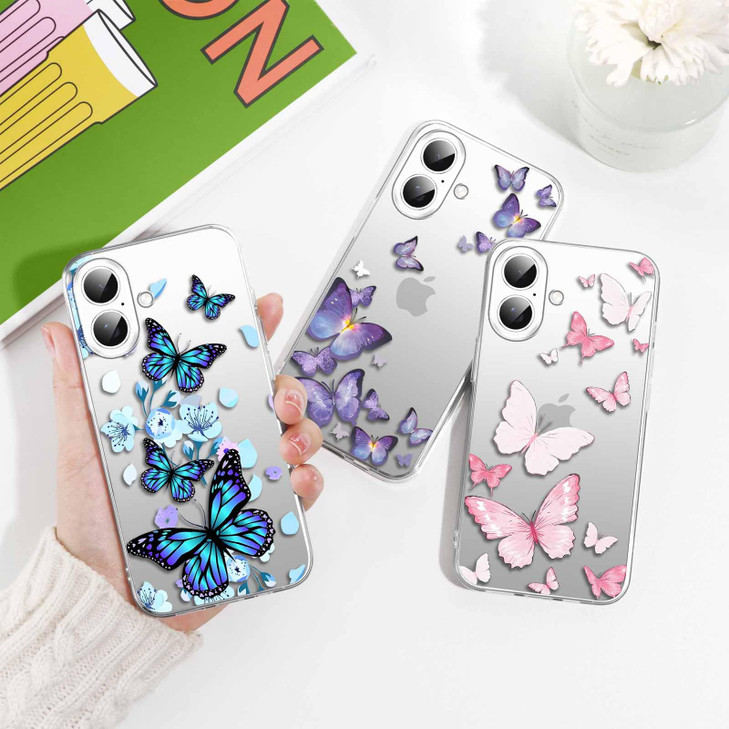 RUMDEY 3 Pack Clear Butterfly Print Phone Case for iPhone 16 6.1", Cute Girly Pattern Design Anti-Scratch Soft Slim TPU Silicon Protective Bumper Fun