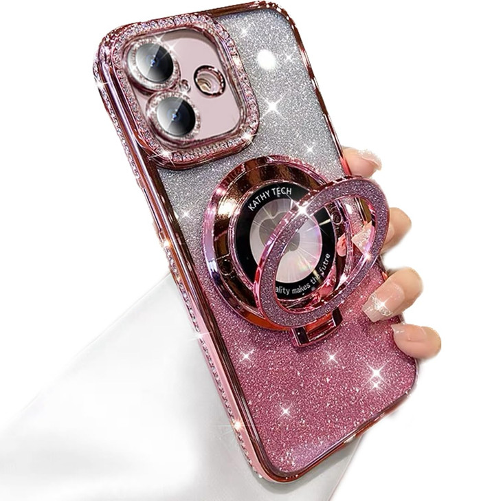 AuroiCCY for iPhone 16 Magnetic Kickstand Case, [Compatible with Magsafe] Bling Glitter Diamond Rhinestone Ring Holder Camera Lens Protector Girly Wo